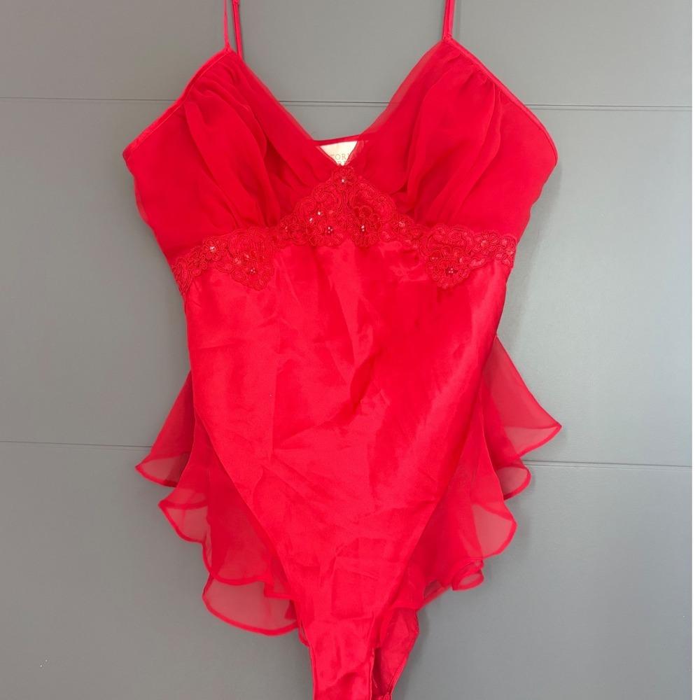 Vintage Victorias Secret Gold Label Red Ruffle Lace Sequin Bodice Bodysuit L